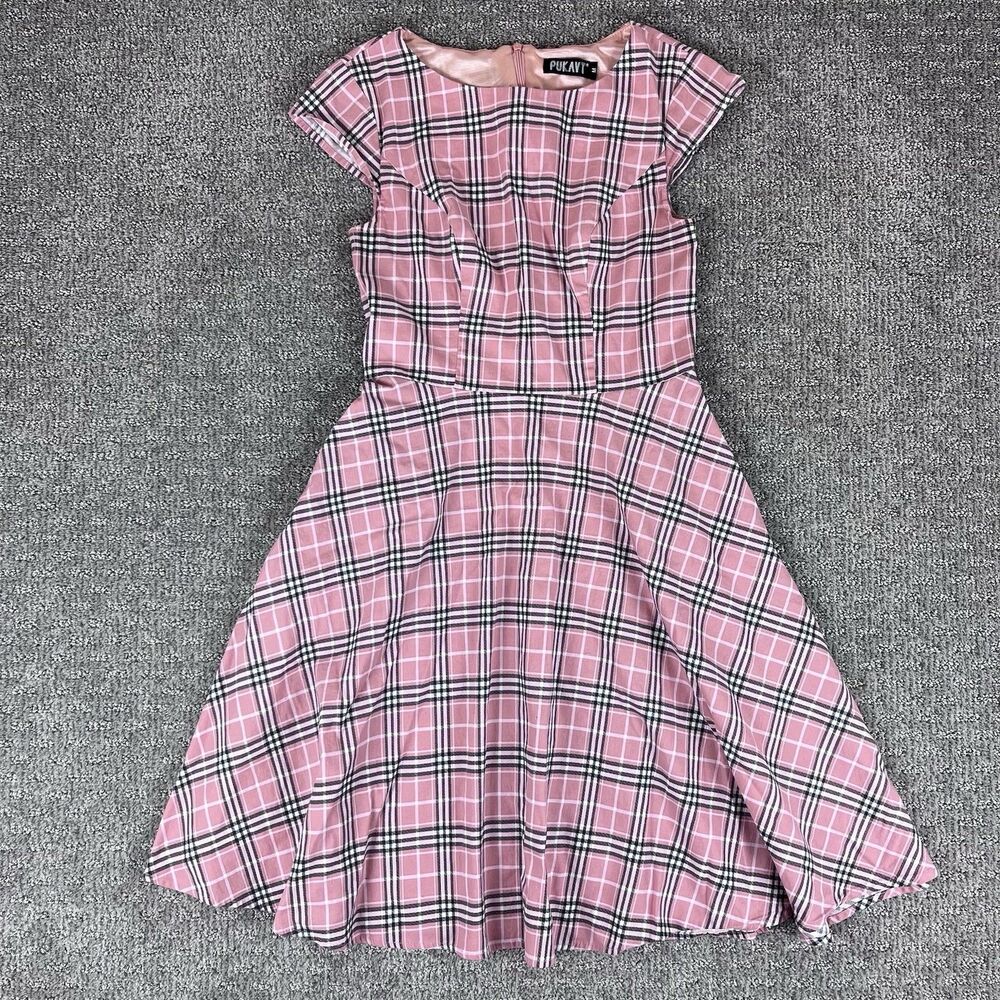 Pukavt Dress Womens Medium Midi Plaid Rockabilly Retro Fit and Flare Pink